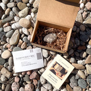 A stone in an open kraft box ready to send to make into custom jewelry
