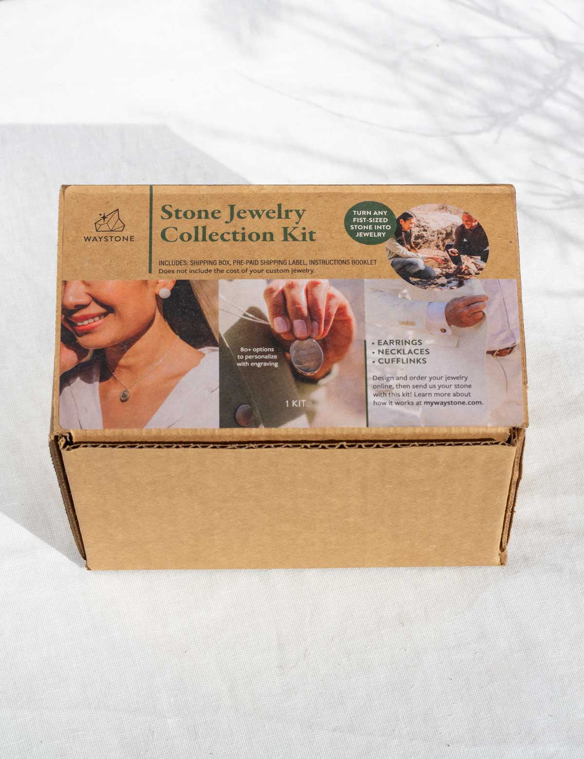 The Stone Jewelry Collection Kit, a cardboard box with a kraft label showing photos of rocks turned into jewelry