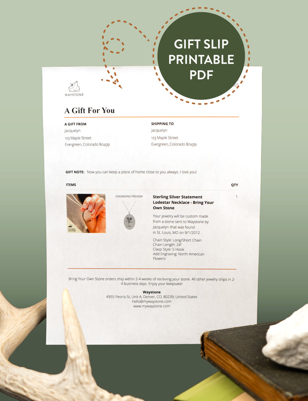 Gift slip printable PDF with a picture of the jewelry that was ordered and details about the stone
