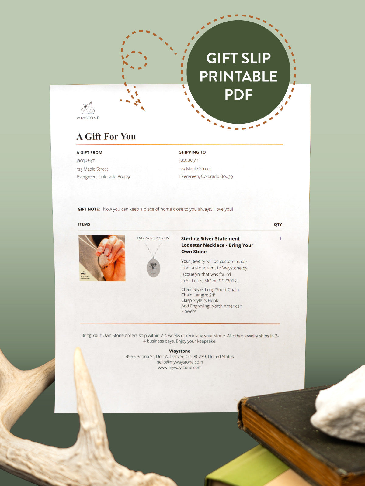 Gift slip printable PDF with a picture of the jewelry that was ordered and details about the stone