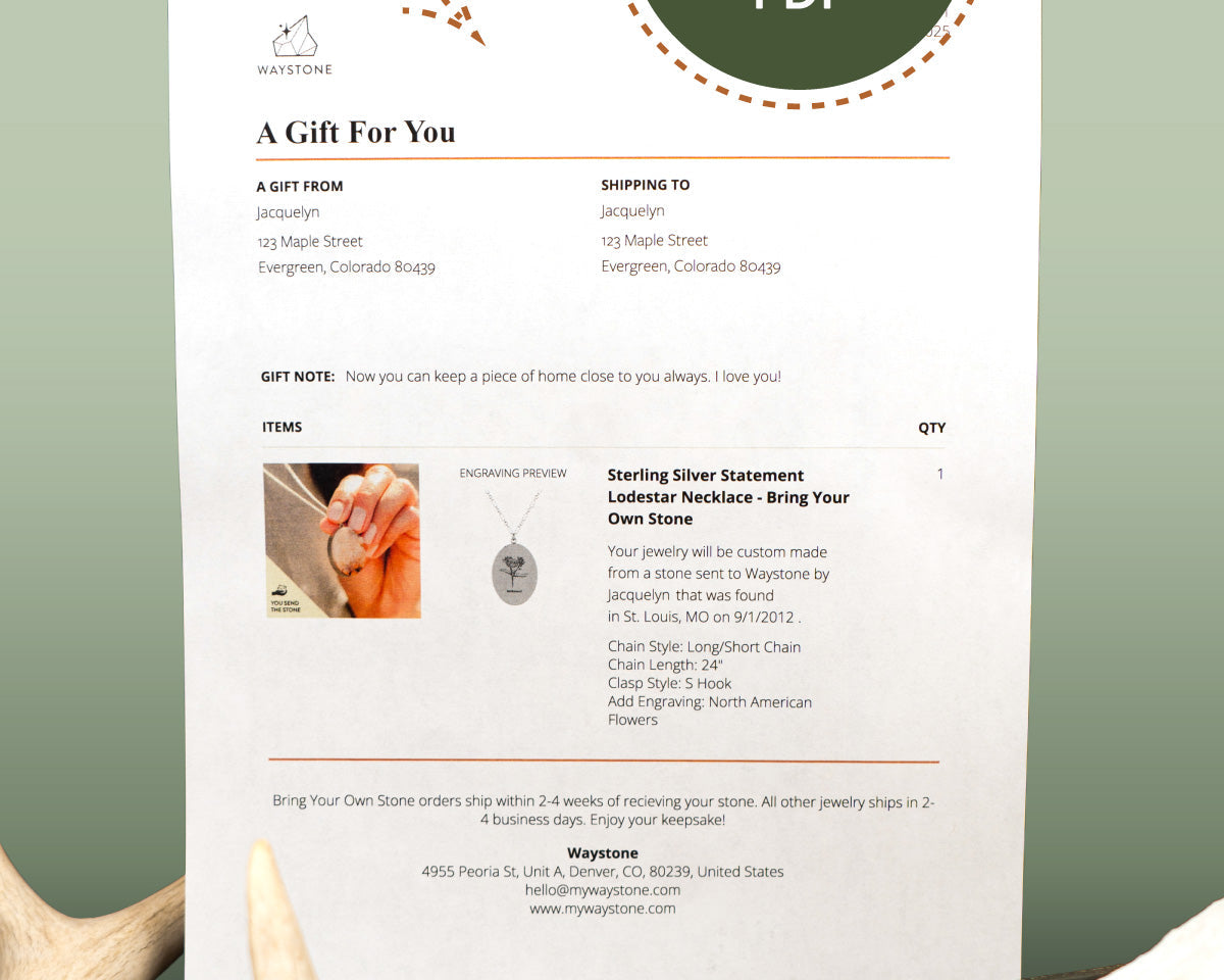 Gift slip printable PDF with a picture of the jewelry that was ordered and details about the stone