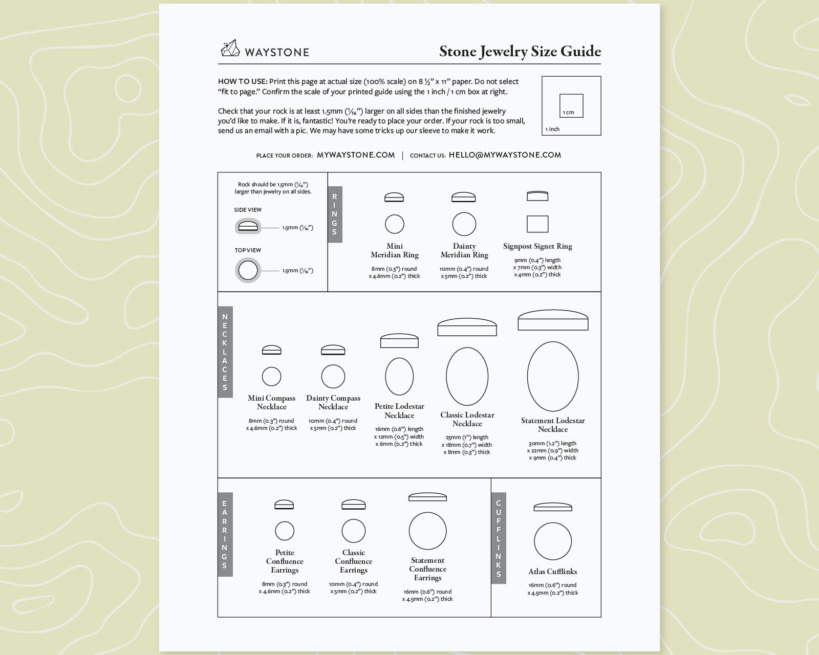 Graphic shows 8.5" x 11" printable black and white guide with drawings of jewelry sizes