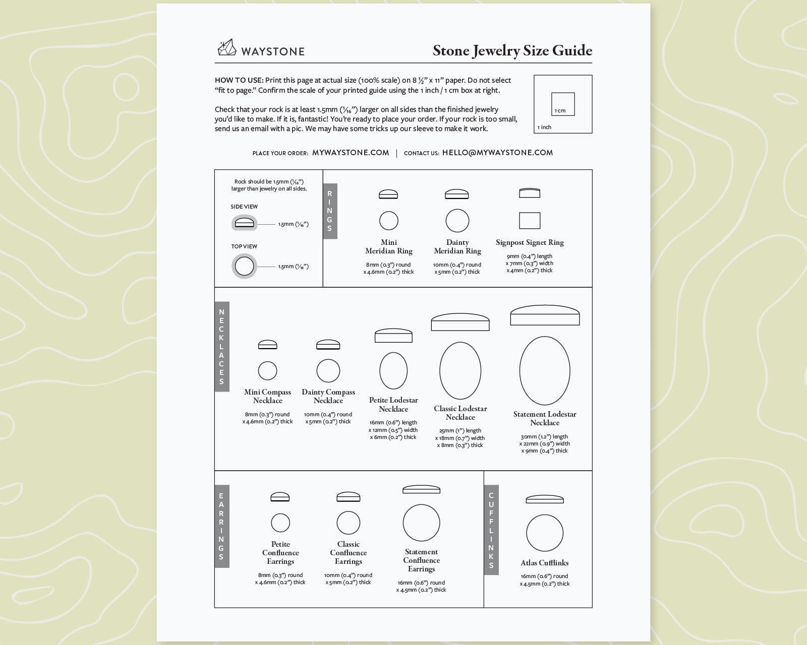 Graphic shows 8.5" x 11" printable black and white guide with drawings of jewelry sizes