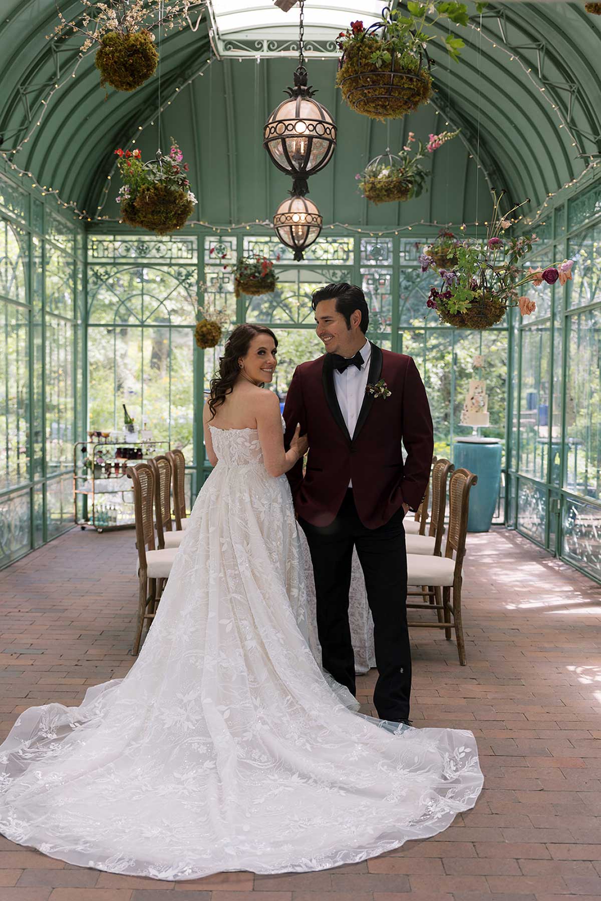 A wedding couple inside the solarium at Denver Botanic Gardens