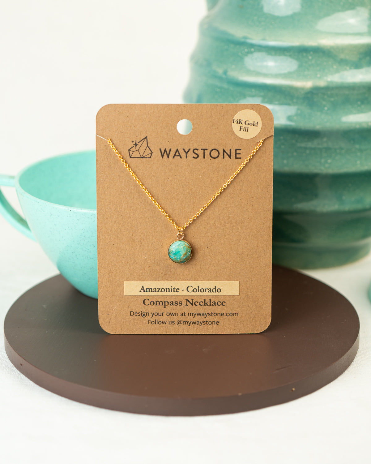 Dainty Compass Necklace with 10mm round Green colored Amazonite, set in Gold Fill, picked up in Colorado.