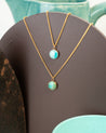 Two gold pendants set with Amazonite show the unique differences between stones