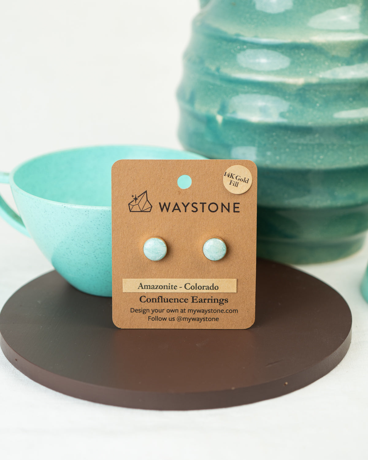 10 mm round green amazonite earrings from Colorado, polished to a shine and set in 14k gold studs