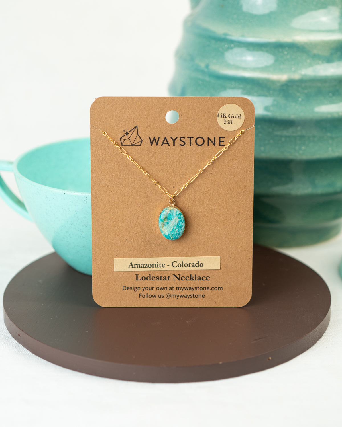 Petite Lodestar Necklace with 8mm x 4.6mm Green colored Amazonite, set in Gold Fill, picked up in Colorado.