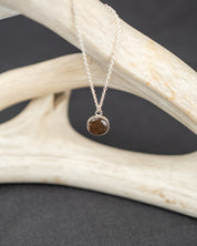 Sterling silver necklace with a round gray stone pendant on a branch against a dark background