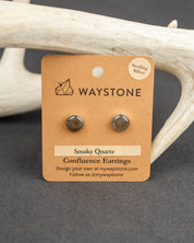 Smoky Quartz sterling silver stud earrings on a Waystone branded card with antlers in the background