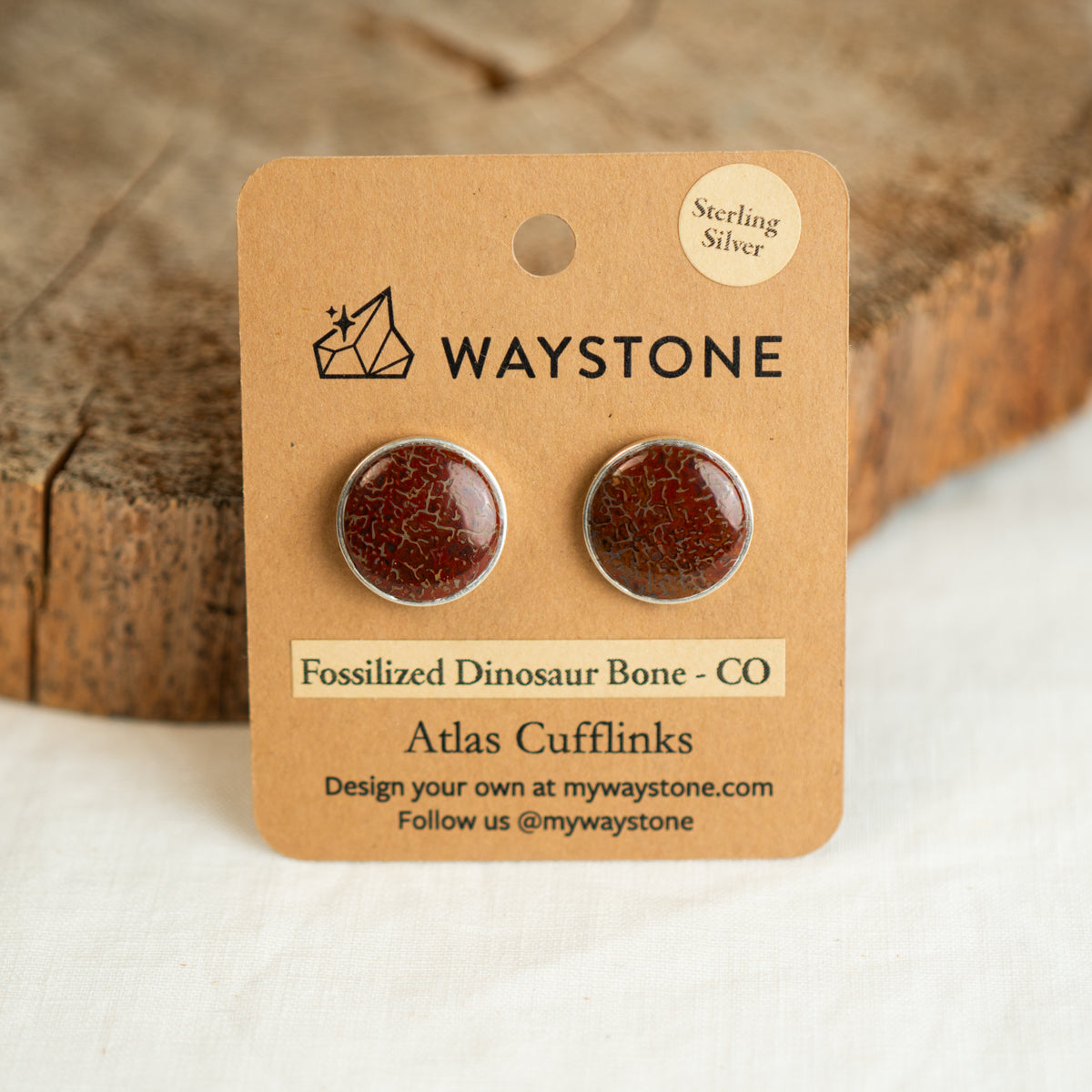16mm round red fossilized dinosaur bone cufflinks from Colorado, polished to a shine and set in sterling silver cufflinks