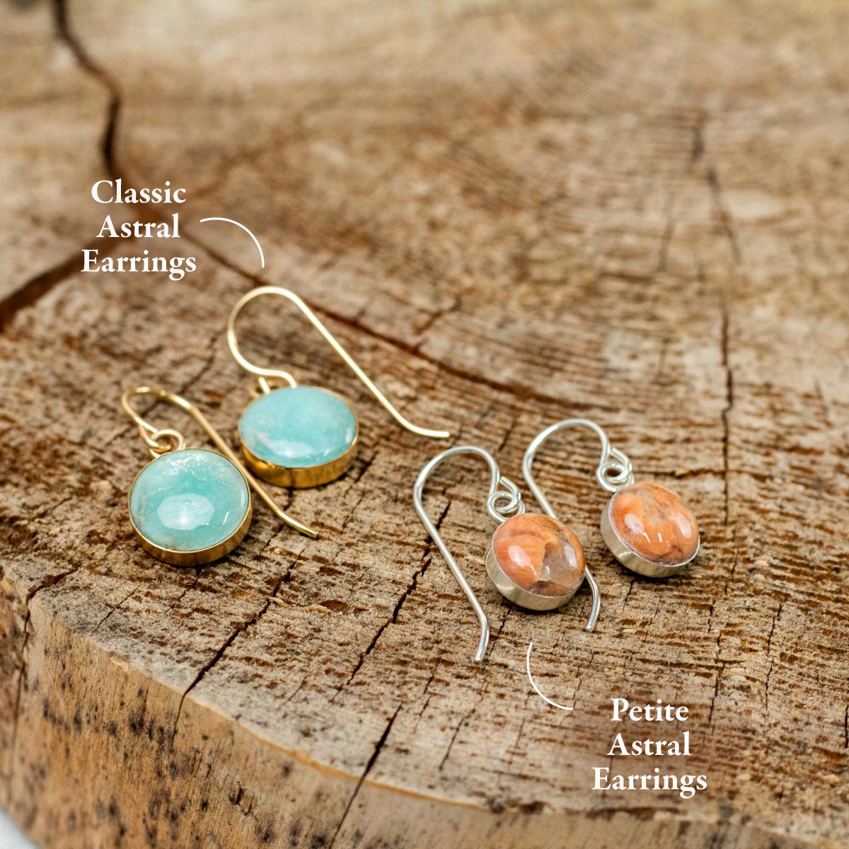 Two sizes of stone dangle earrings, the small Petite size and the larger Classic size