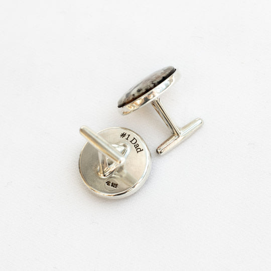 Sterling silver custom granite cufflinks engraved with the text, #1 Dad
