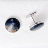 16mm black granite from Lakewood Colorado, polished to a shine and set in sterling silver cufflinks