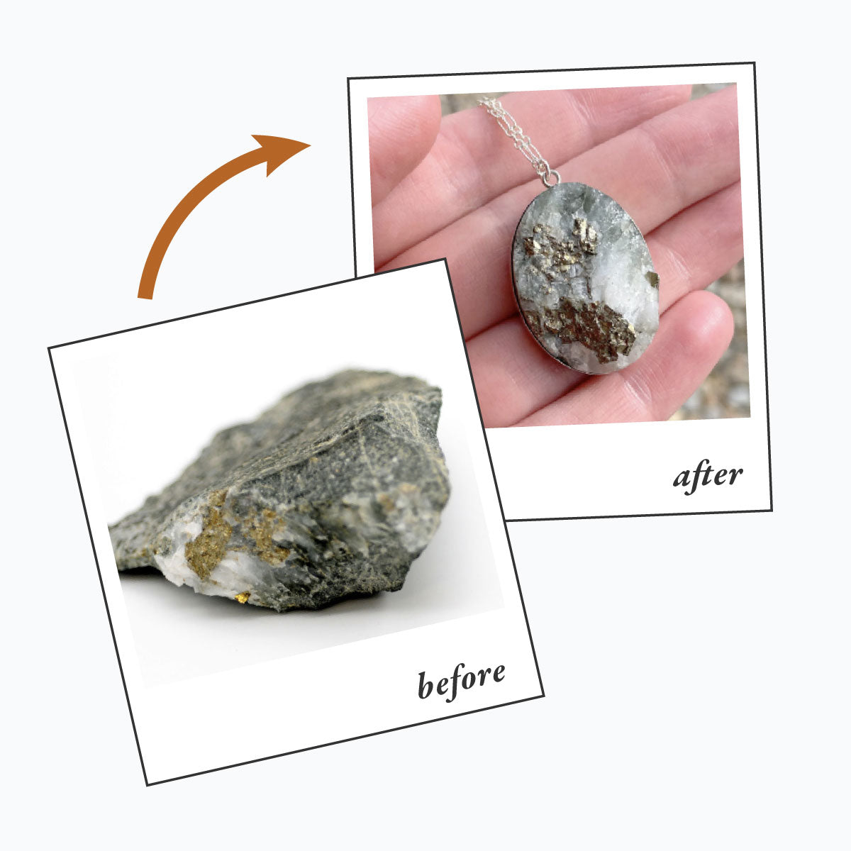 Before and After transformation of a raw stone into a stone pendant necklace