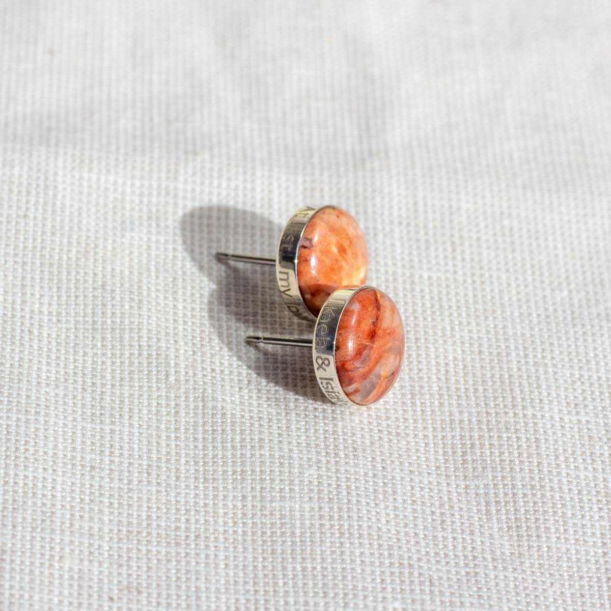 Natural pink granite stone stud earrings with engraving on the edge