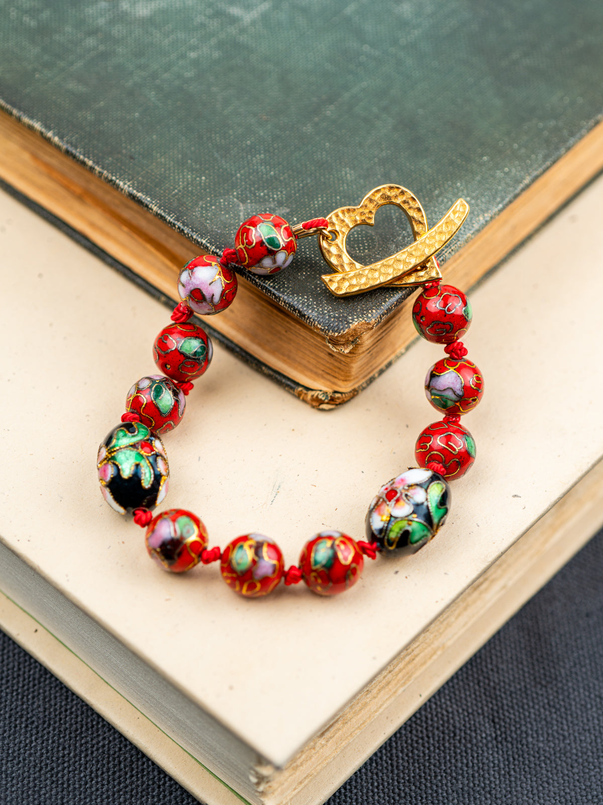 Red Cloisonné Silkcord Bracelet with Heart Clasp