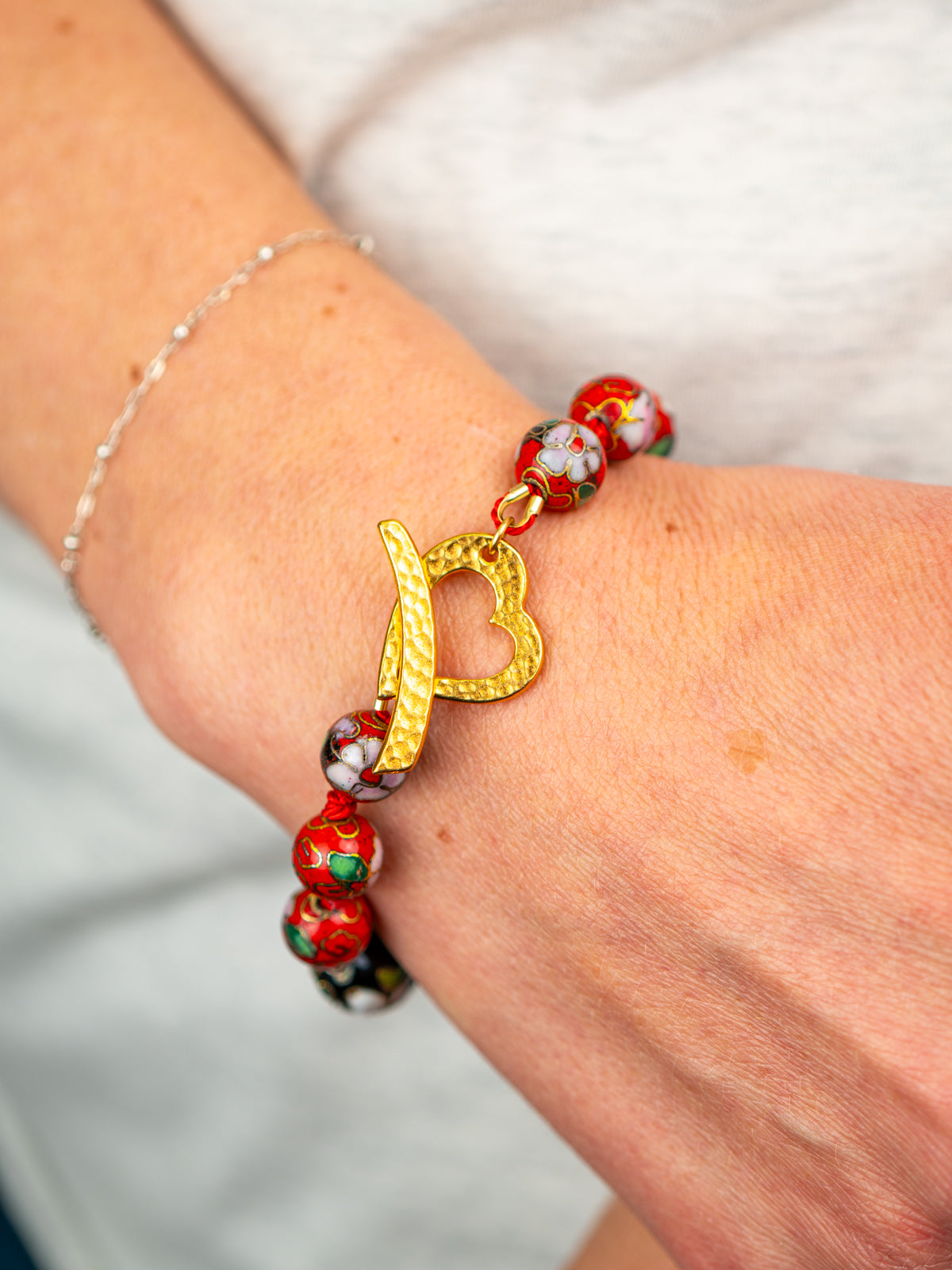 Red Cloisonné Silkcord Bracelet with Heart Clasp