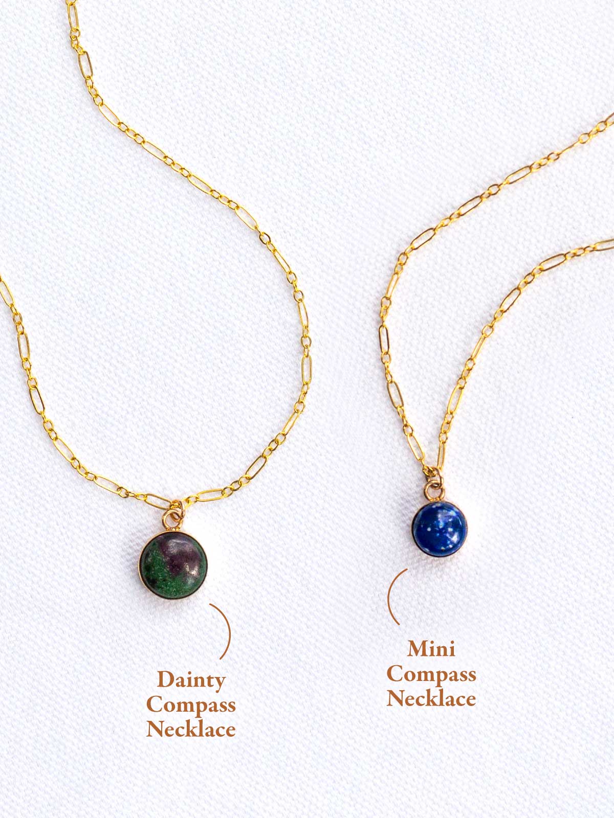 Two small round pendant necklaces in different sizes, the smaller Mini, and the larger Dainty