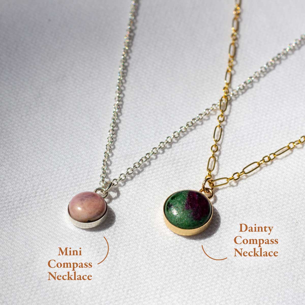 Two small round pendant necklaces in different sizes, the smaller Mini, and the larger Dainty