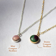 Two small round pendant necklaces in different sizes, the smaller Mini, and the larger Dainty