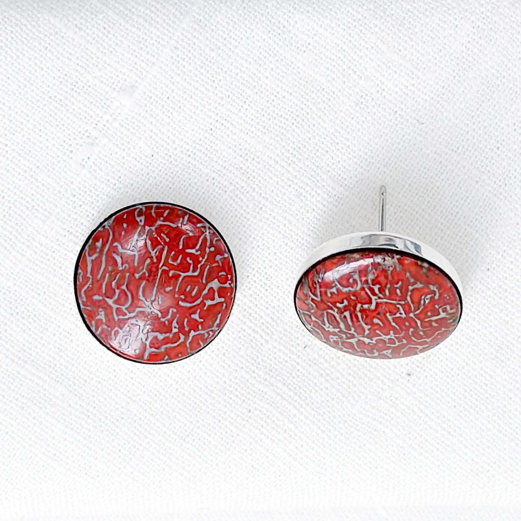 Medium Confluence Stud Earrings with 16mm red fossilized dinosaur bone collected in Colorado