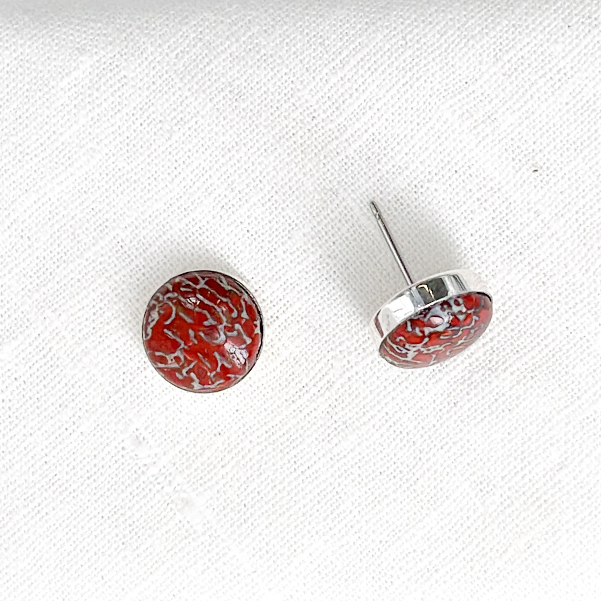Small Confluence Stud Earrings with 8mm red fossilized dinosaur bone collected in Colorado