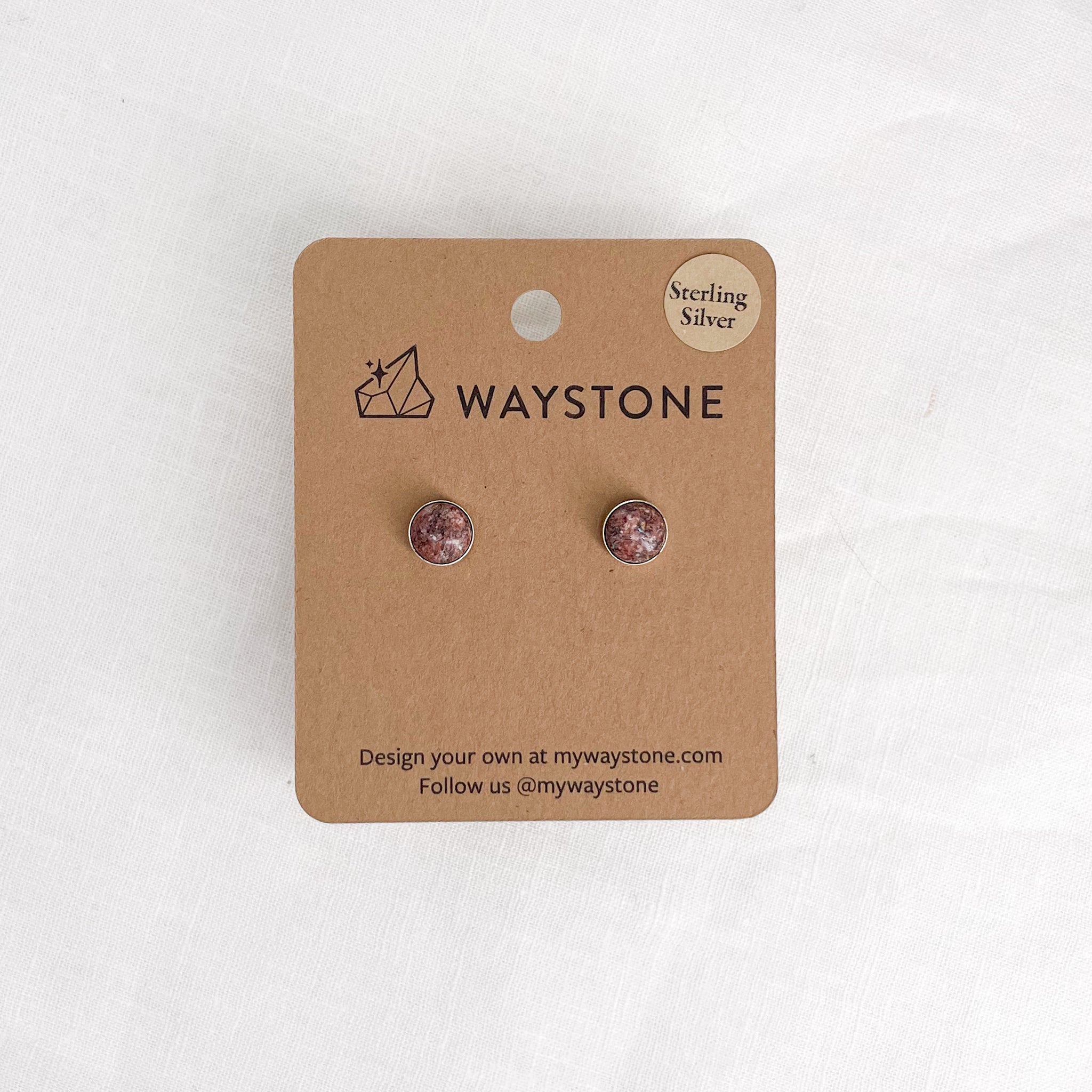 Small Confluence Stud Earrings with 8mm sandstone picked up at Red Rocks, Colorado. Earrings displayed on Kraft paper card.