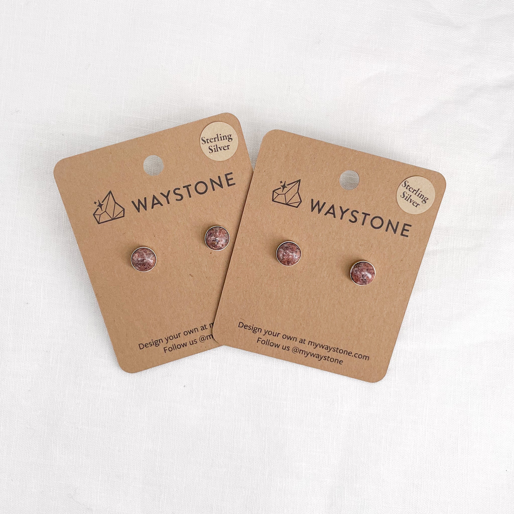 Small Confluence Stud Earrings with 8mm sandstone picked up at Red Rocks, Colorado. Two sets of earrings displayed on Kraft paper card.