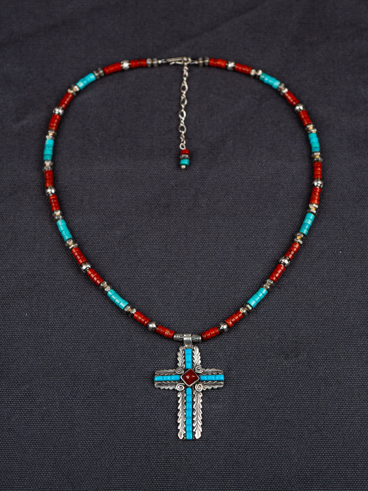 Navajo S Ray Cross Necklace with Turquoise and Jasper