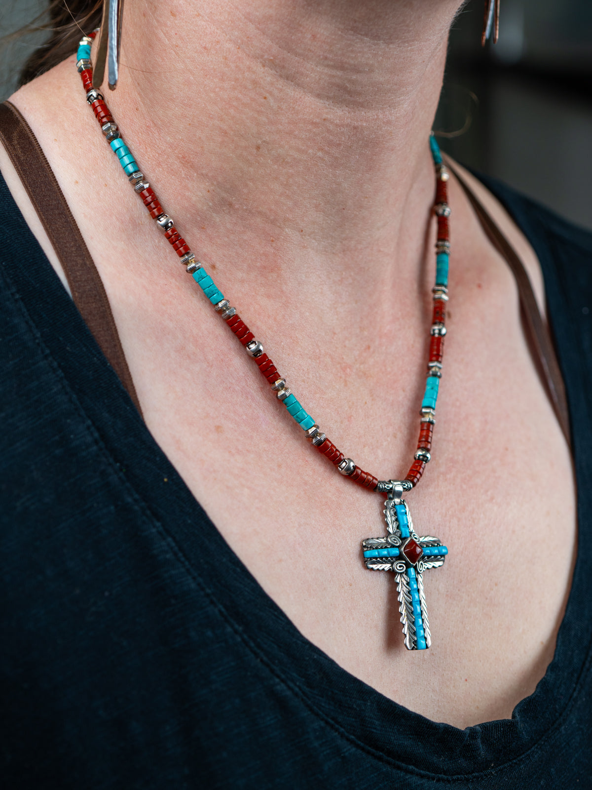 Navajo S Ray Cross Necklace with Turquoise and Jasper