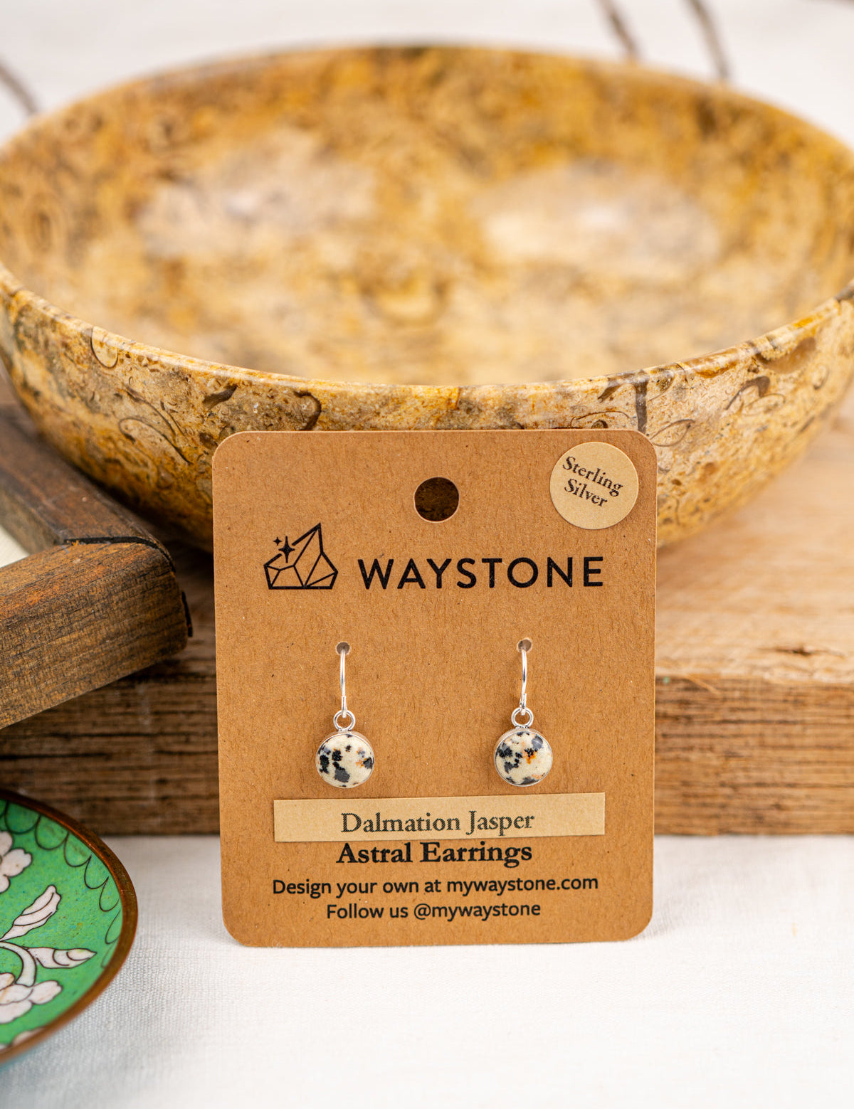 8 mm round Dalmatian Jasper, polished to a shine and set in sterling silver earrings