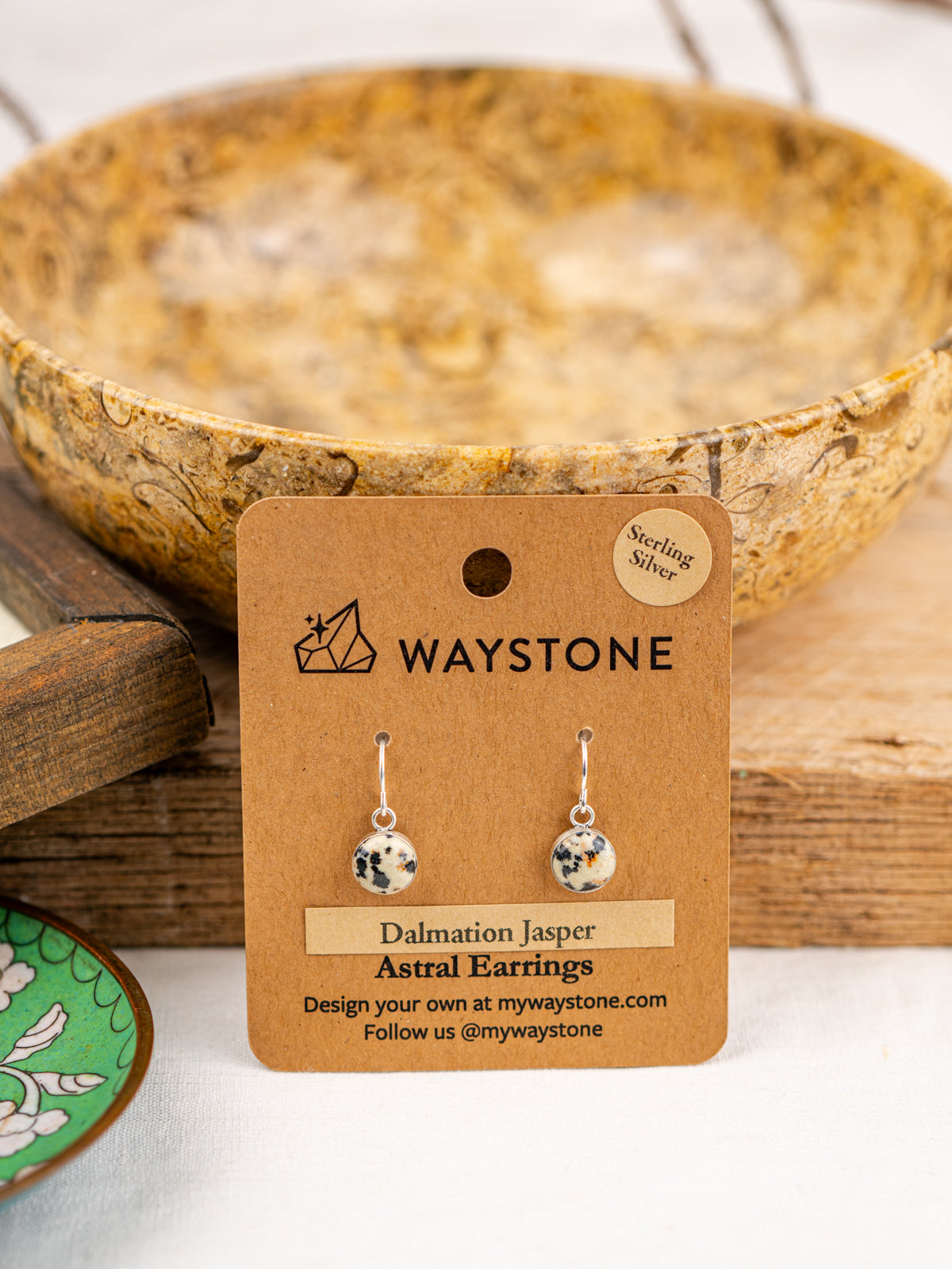 8 mm round Dalmatian Jasper, polished to a shine and set in sterling silver earrings