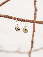 Dalmatian jasper stone earrings hanging on a branch with a blurred background
