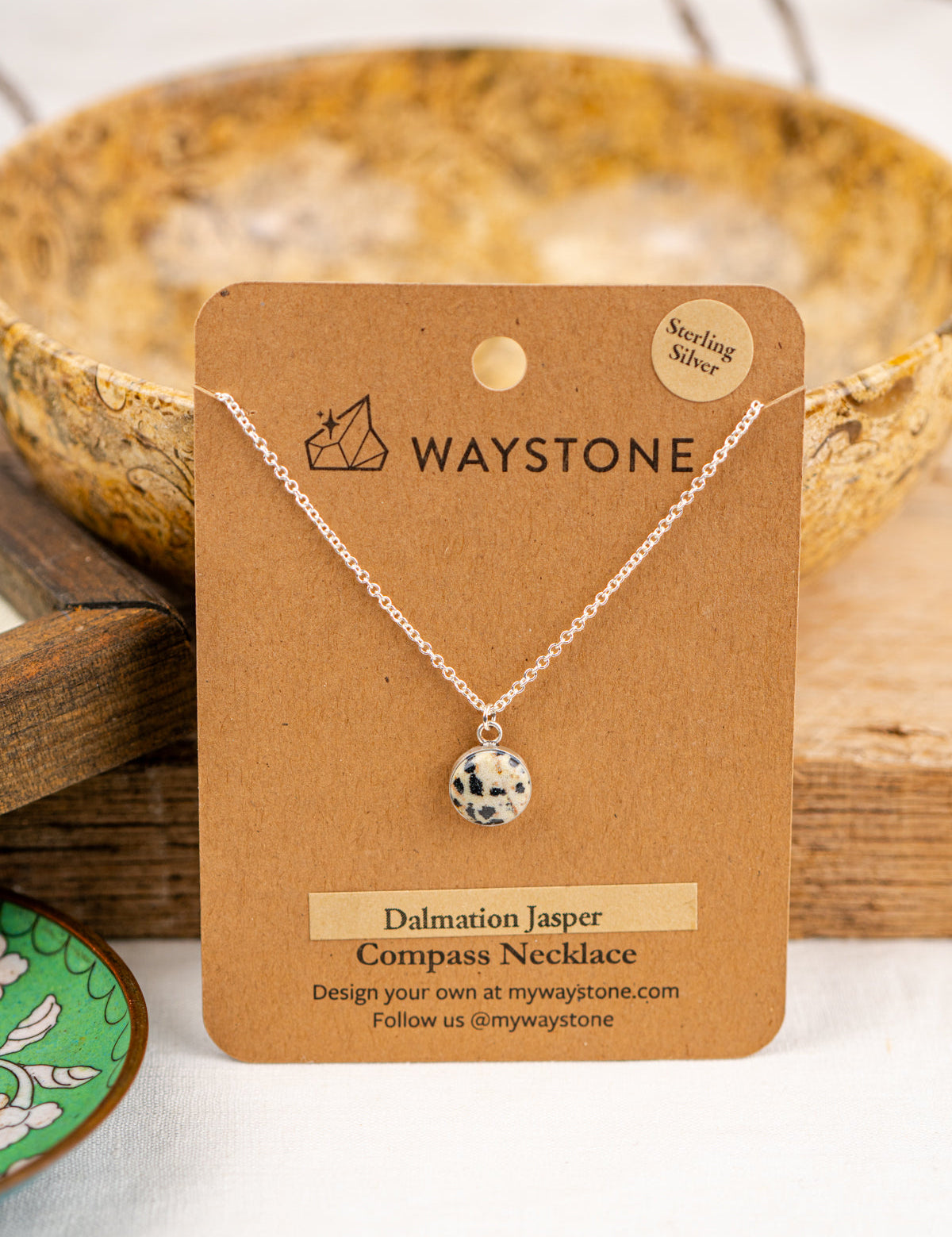 10 mm round Dalmatian Jasper, polished to a shine and set in sterling silver pendant