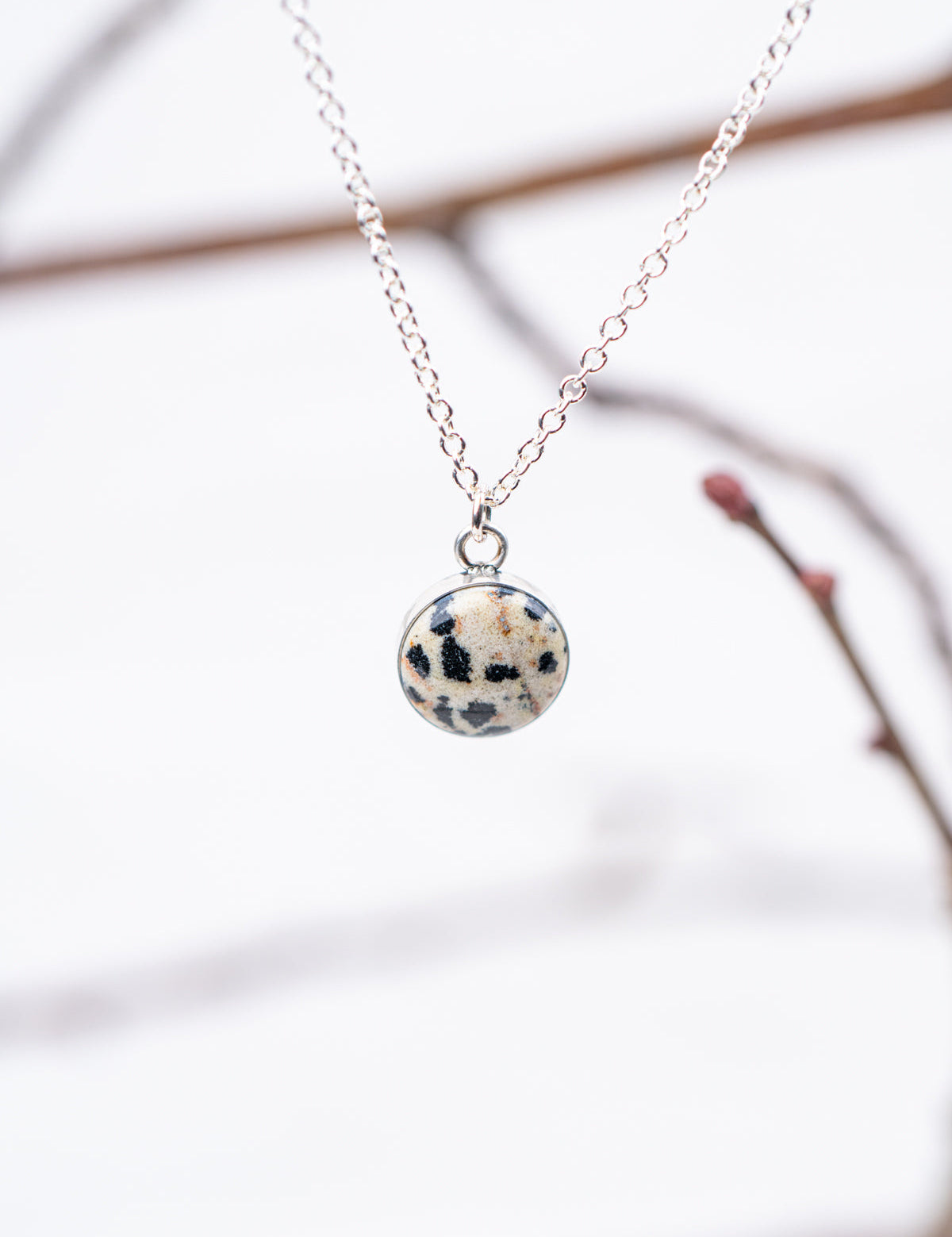 Necklace with a dalmatian jasper pendant on a blurred background