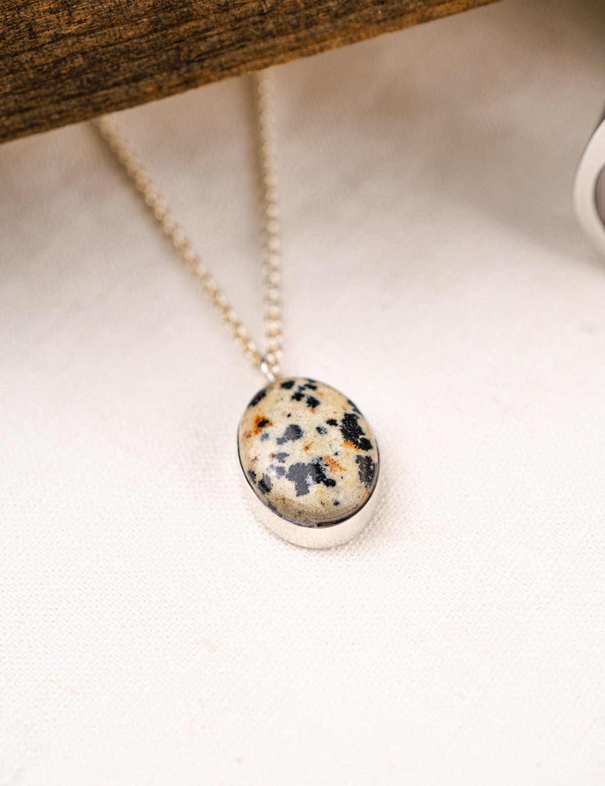 Necklace with a dalmatian jasper pendant on a light background