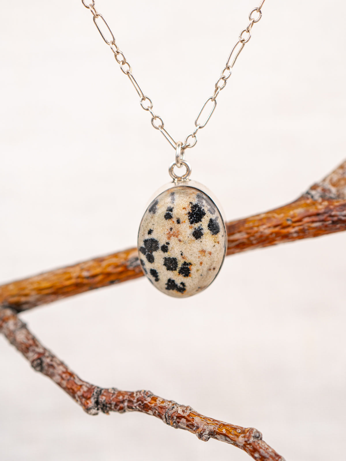 Necklace with a dalmatian jasper pendant on a branch