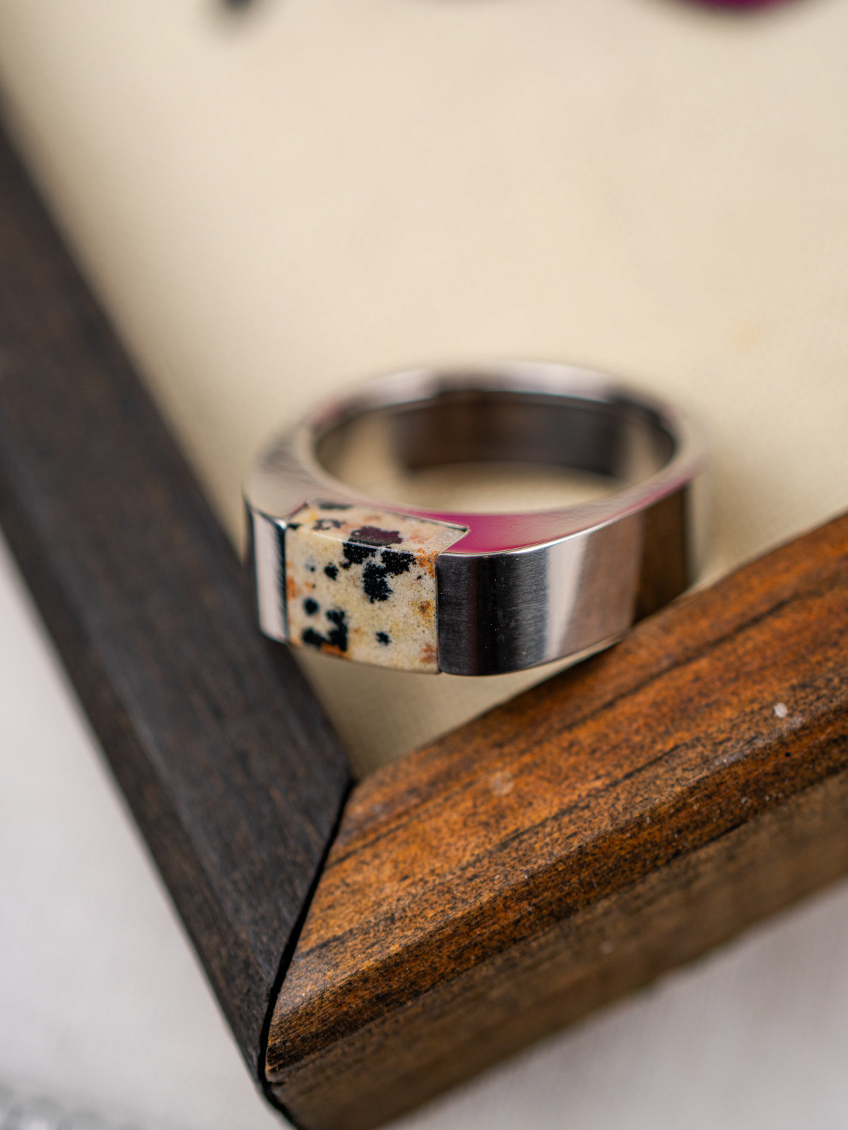 Silver Stainless Steel Signpost Signet Ring - Dalmatian Jasper | 10.5