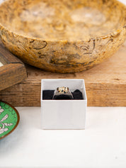 Rectangle-shaped Dalmatian Jasper, polished to a shine and set in stainless steel ring