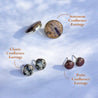 Three sizes of custom stone earrings: petite (small), classic (medium), and statement (large)