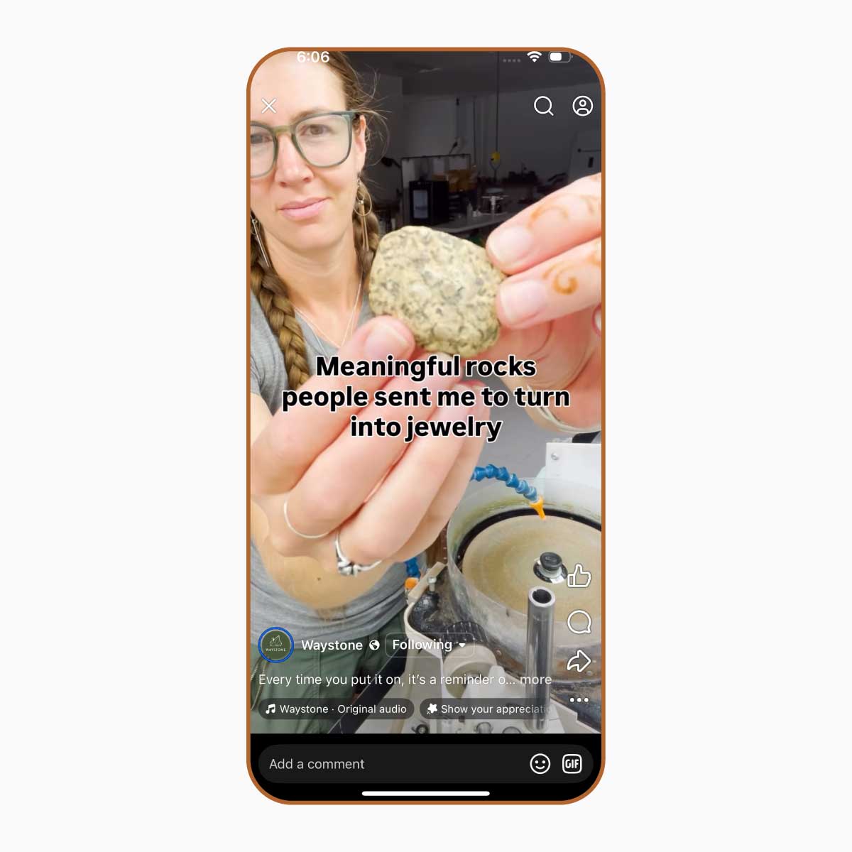 Phone screen showing a Facebook video with Leslie holding a rock and text about turning rocks into jewelry.