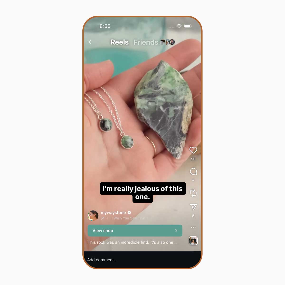 Phone screen showing an Instagram reel with a hand holding a chunk of green Serpentine that was turned into two pendant necklaces