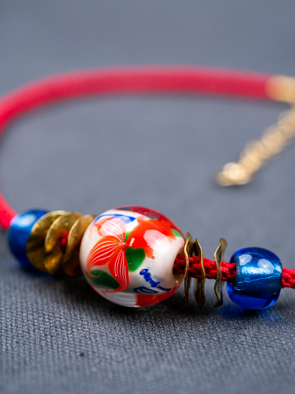 Japanese Glass Beads, Brass & Silk Cord Necklace