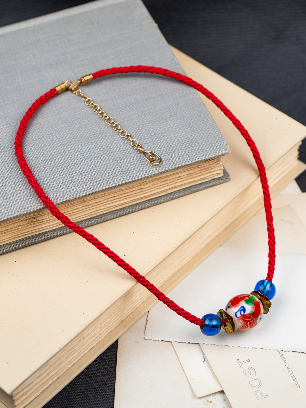 Japanese Glass Beads, Brass & Silk Cord Necklace