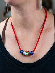 Japanese Glass Beads, Brass & Silk Cord Necklace