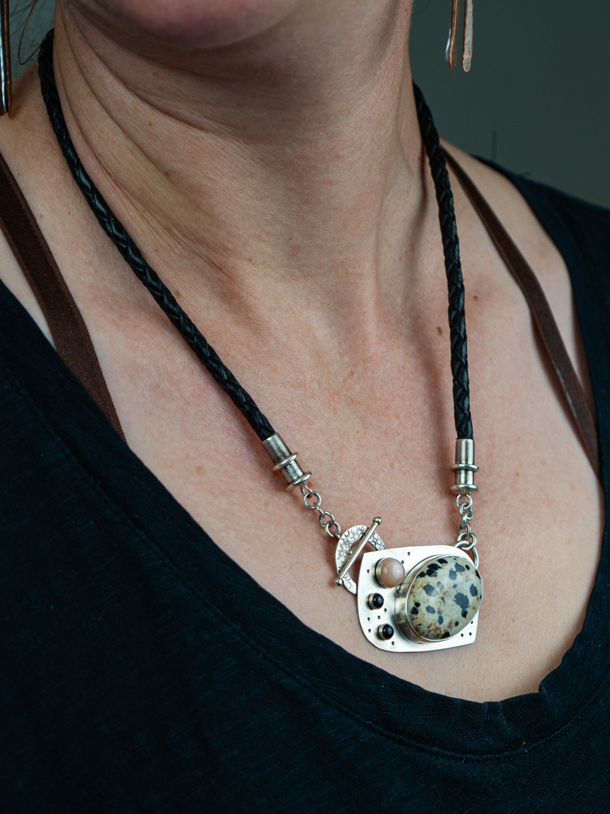 Dalmatian Jasper, Moonstone & Jet Beads with Leather Cord