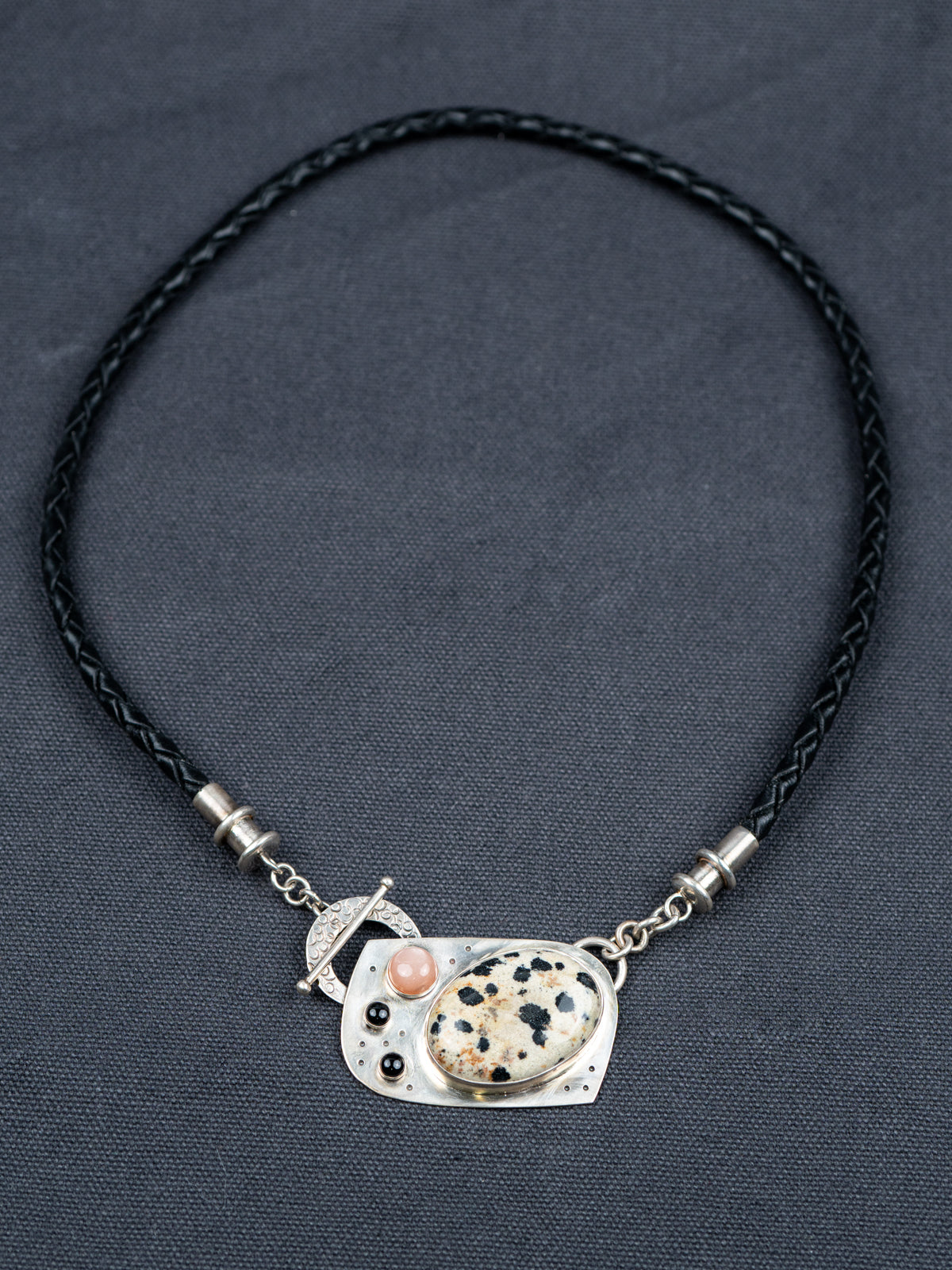 Dalmatian Jasper, Moonstone & Jet Beads with Leather Cord