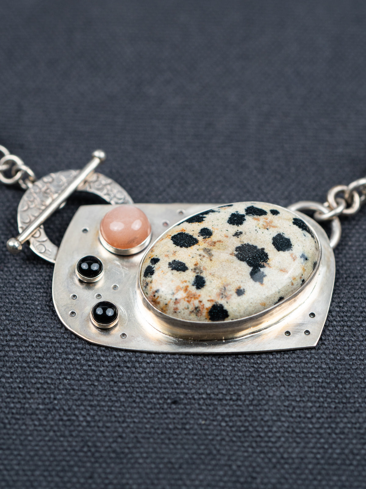 Dalmatian Jasper, Moonstone & Jet Beads with Leather Cord