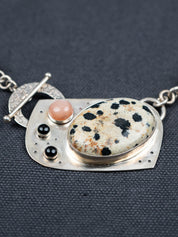 Dalmatian Jasper, Moonstone & Jet Beads with Leather Cord
